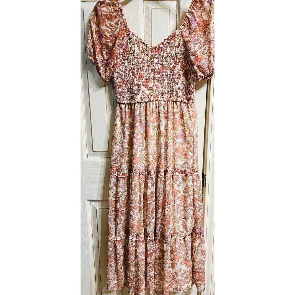 Sincerely Jules Small Boho Prairie Bird Butterfly Floral Smocked Midi Dress EUC